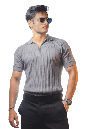 Grey Knitted Polo T-shirt-M