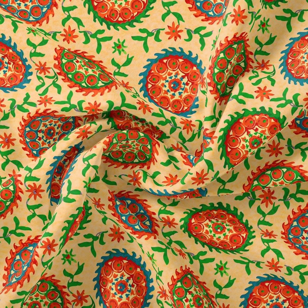 Watercolour Paint Suzani Pattern Digital Printed Fabric - Kora Silk-Polyester / Kora Silk / 110 CM | 43 Inch