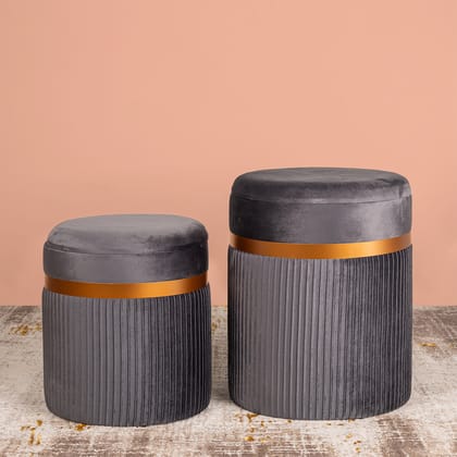 Luxe Lounge Storage Ottoman - Set of 2 (Grey)-Available / velvet / Big - Height - 18.5 inches & diameter - 15 inches & Small - Height - 15 inches & diameter - 13.5 inches