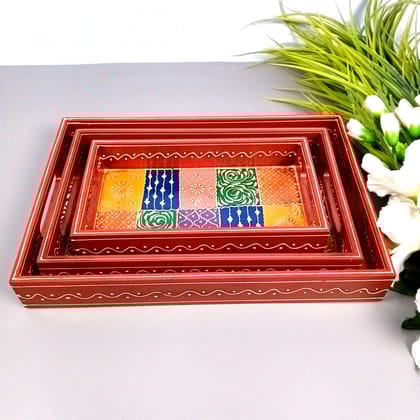 Wooden Tray Set | Serving Trays for Tea, Coffee & Snacks - for Home, Dining Table Organization, Kitchen & Gifts - Set of 3 (Wood, Multicolor)-Design 1