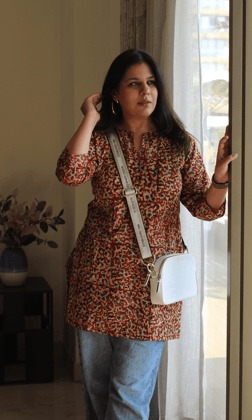 Cotton Red Kalamkari Handblock Short Kurti-XS