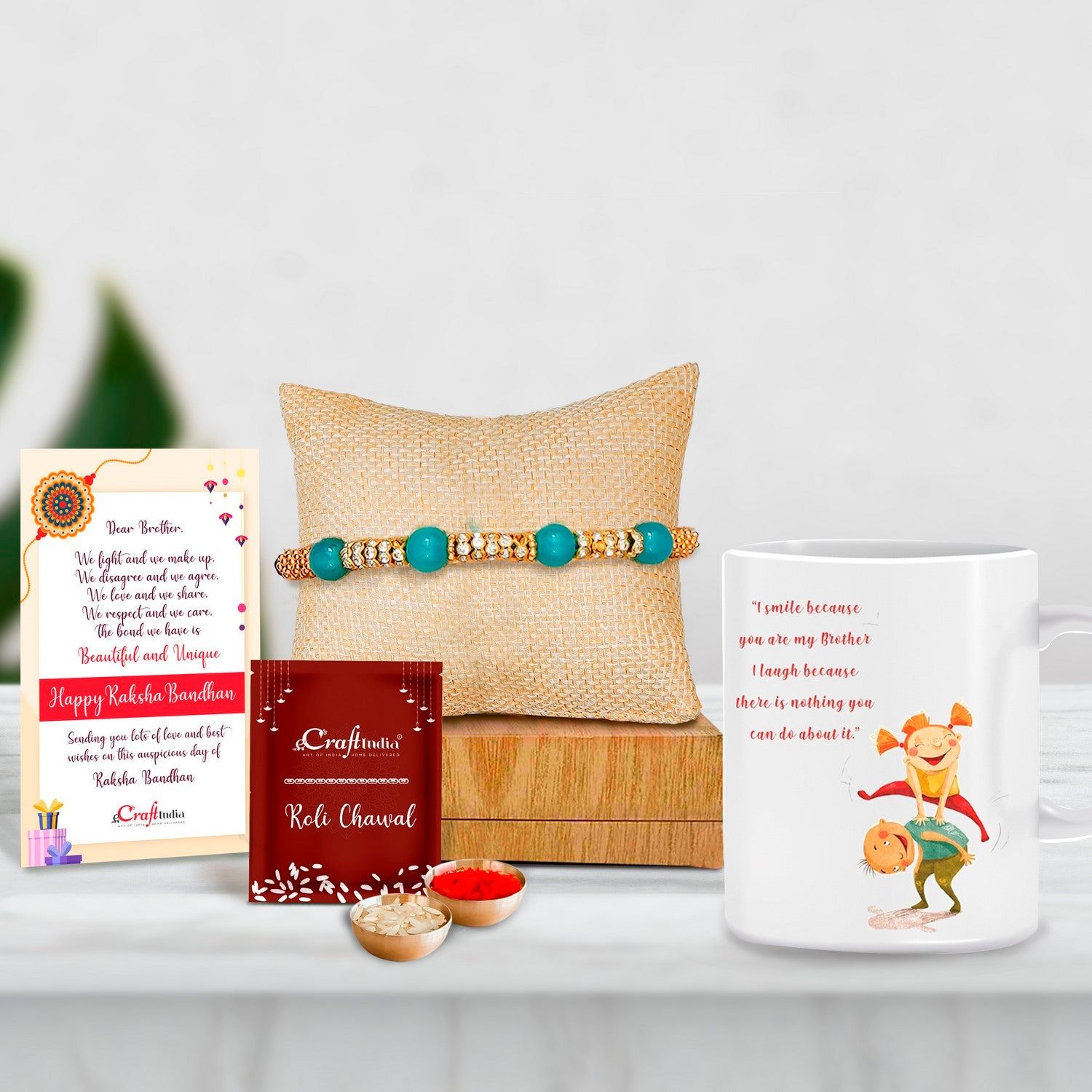 Designer Pearl Rakhi with Mug for Brother and Roli Chawal Pack, Best Wishes Greeting Card