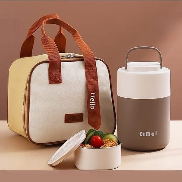 Elegant 2 Tier Vertical Lunch Box with Insulated Lunch Bag-Brown