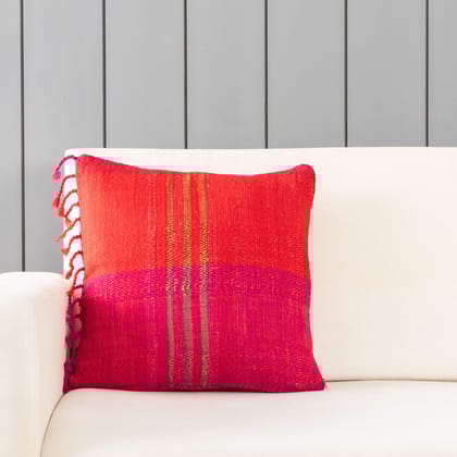 Handwoven Upcycled Red & Pink Wool & Oak Silk Cushion Cover - 16x16-Red / Pink / Wool & Oak Silk