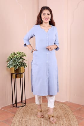 Blue Hand Dyed Cotton Double Cloth Women Long Kurta Long Sleeves WLKLS042459-L