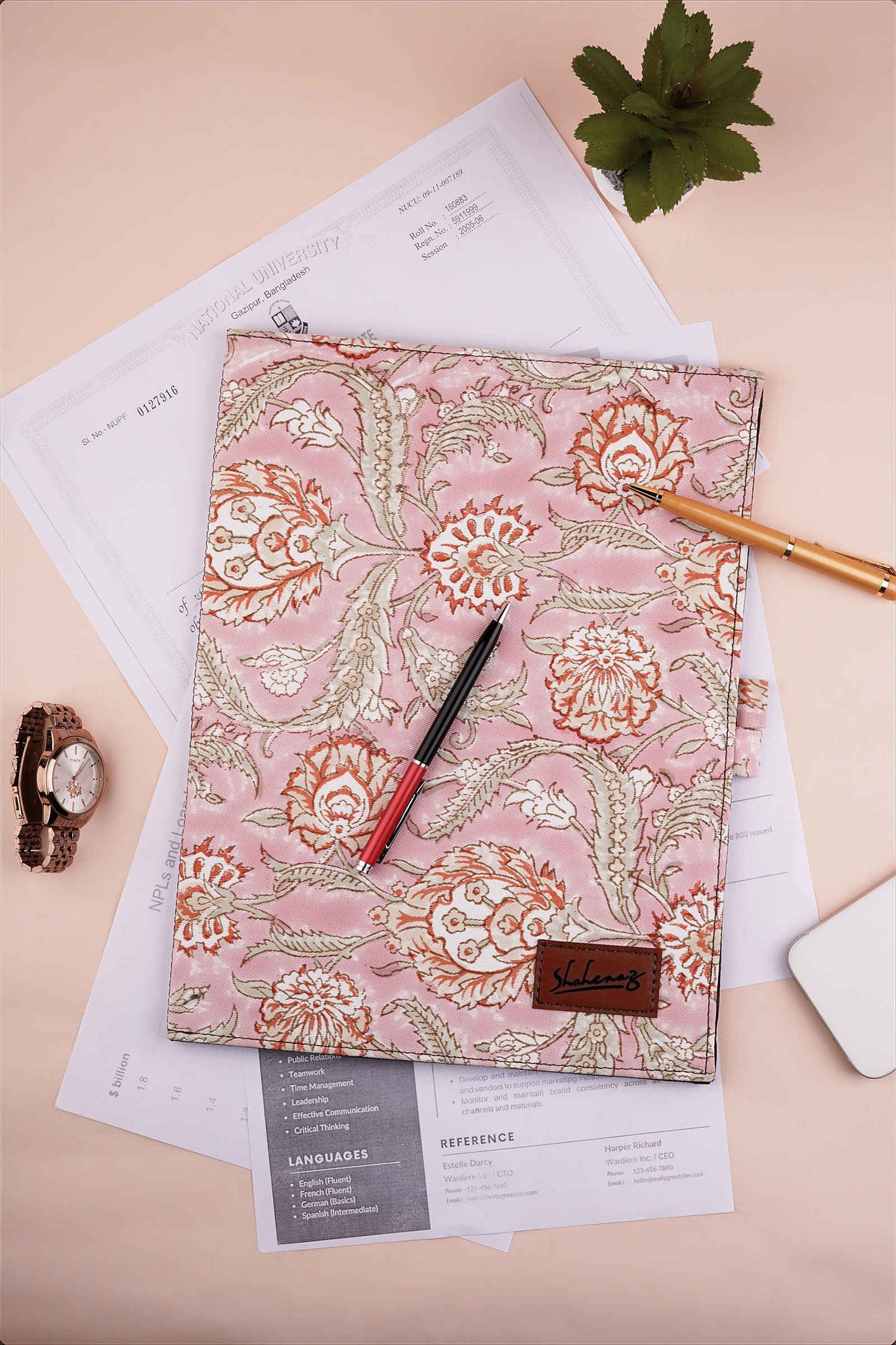 Blush Paradise Hand Block Printed Pink File Folder-12.5 X 9.5 IN / Pink / Pink