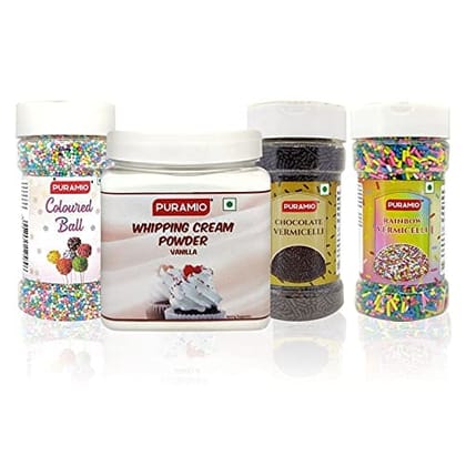 Puramio Cake Decoration Combo Kit - Whipping Cream, 250 gm, Rainbow Vermicelli, 125 gm, Chocolate Vermicelli, 125 gm, Coloured Balls, 150 gm