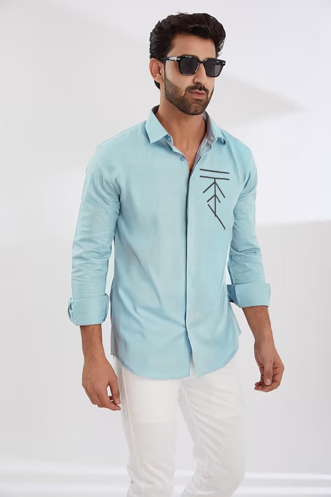 Blue Geometric Embroidered Casual Shirt-POWDERBLUE / S