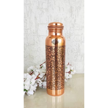 Indian Art Villa Pure Copper Bottle With Embossed Design, Leak Proof, Ayurveda And Yoga Health Benefits-CopperEmbossed