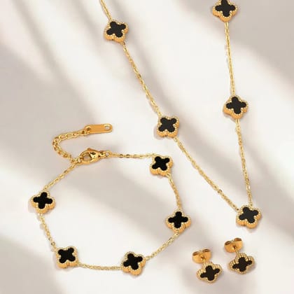 Gold-Plated Black Clover Jewellery Set (Anti-Tarnish)