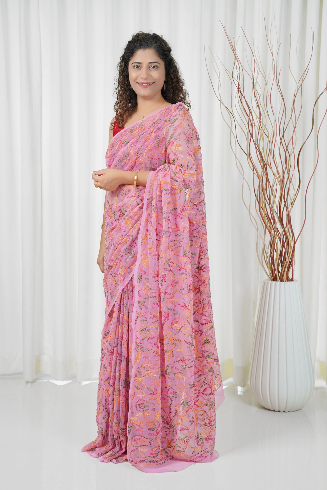 Multi Color Thread Tepchi Work Chikankaari - Pink