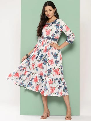 White Floral Print Dress With Belt-38