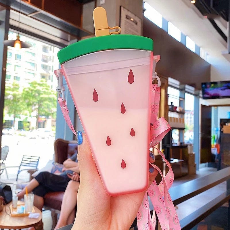 FruitChill: Aesthetic Watermelon Sipper Bottle with Straw & Adjustable Strap – Portable & BPA-Free for Travel & Daily Use-Watermelon