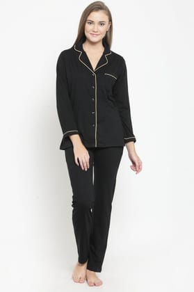 Black Soild Printed Cotton Nightsuit For Women-s