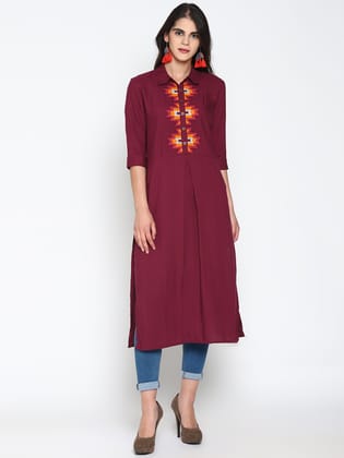 Maroon Embroidered Shirt Kurta-L