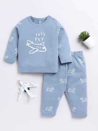 Blue Aeroplane Full Sleeve Nightwear Set-3-6 m