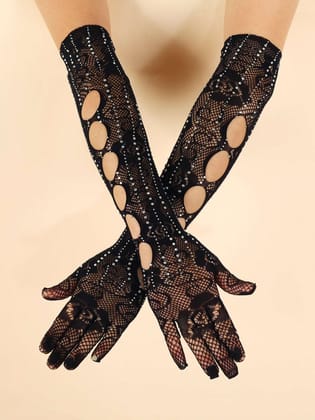 Rhinestone Decor Long Gloves