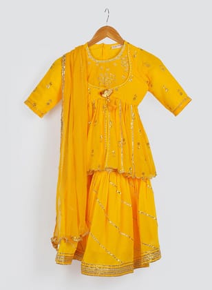 Kids Mustard Yellow Gold Handblock Sharara Set-Yellow / 3-4 Y