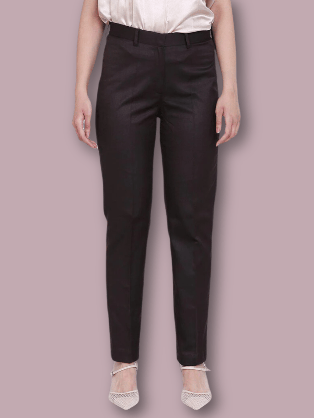 Poly Cotton Mid Waist Trouser - Chocolate Brown-S