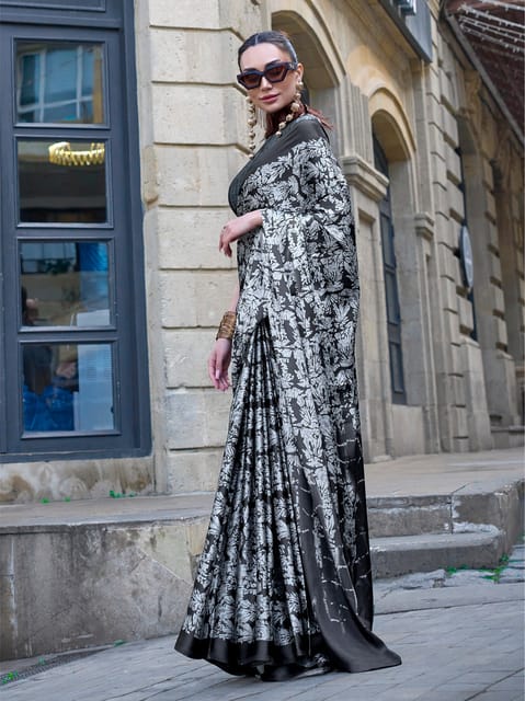 Black & Silver Pure Satin Crepe Printed Bollywood Saree