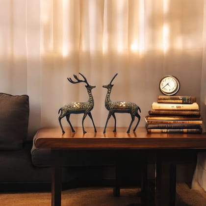 Intricate Brass Deer Statues with Golden Antlers Symbolizing Decorative Showpiece-Black