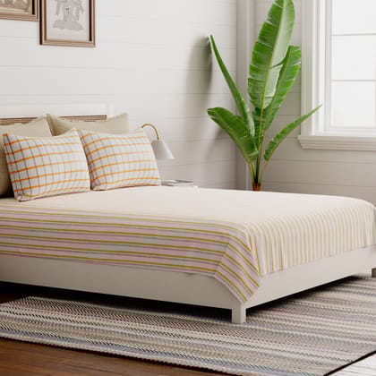 Hand Block Printed 2 Colour Striped Percale Bed Sheet with Pillow Covers-Grey/ Orange / Cotton Percale / 90x108 Inches