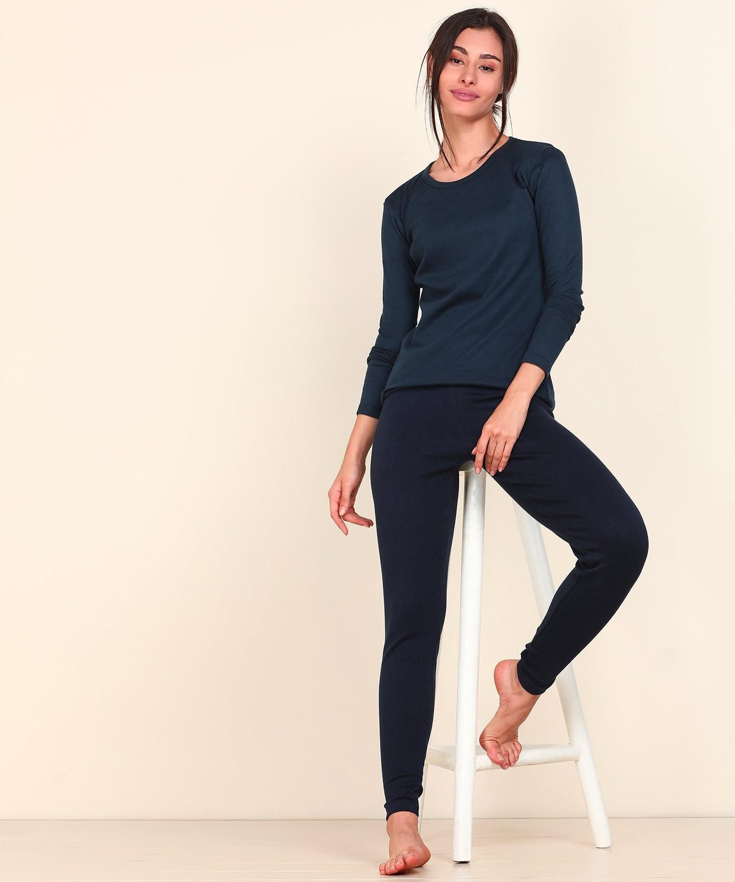 Thermal Tights & Full Sleeve Top Set for Winter Stretchable - Navy-XS / Navy