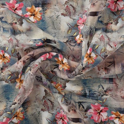 Periwinkle Flower Paper Art Digital Printed Fabric - Japan Satin-Polyester / Japan Satin / 110 CM | 43 Inch