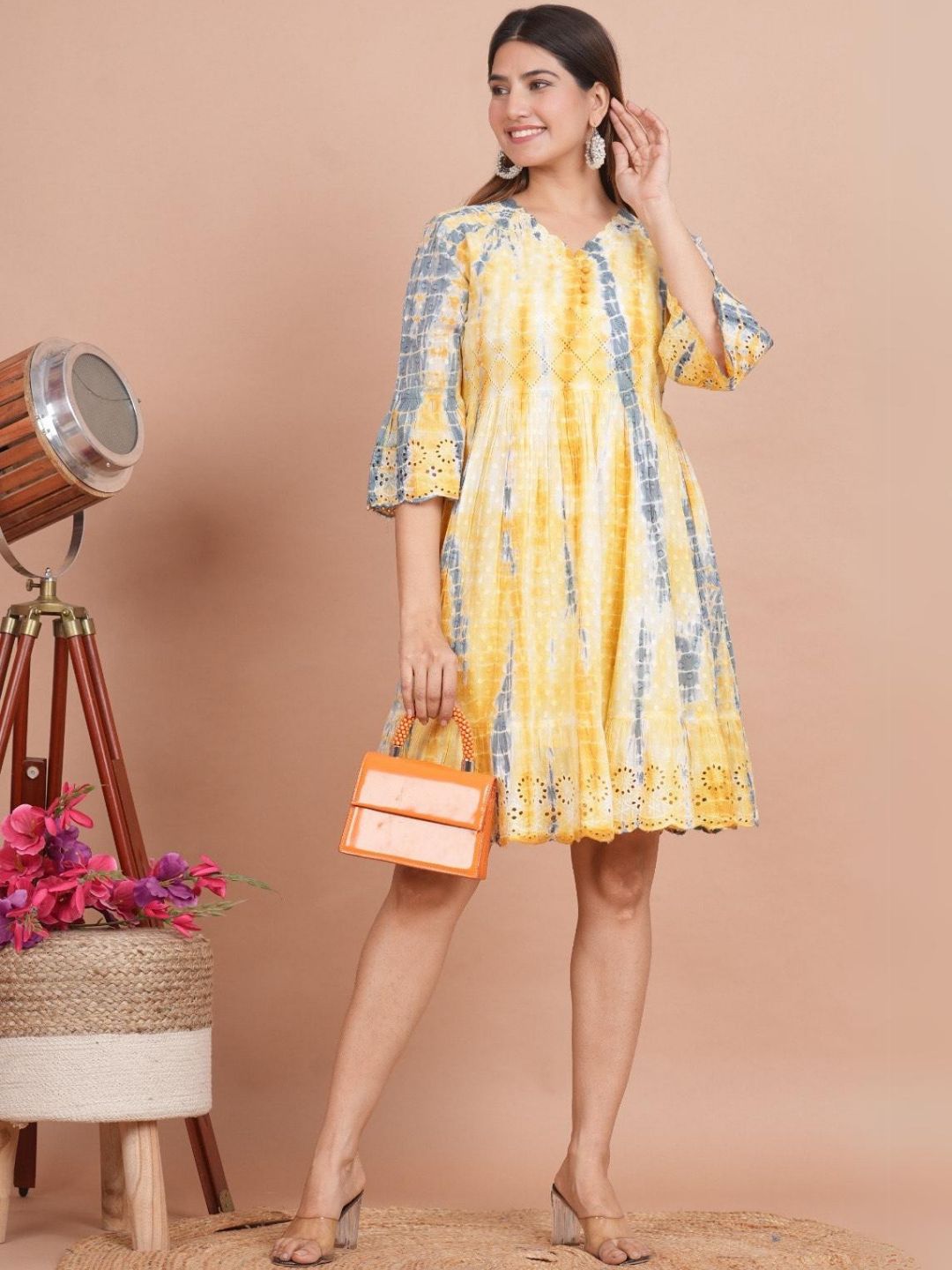 Yellow and Grey Shibori Print Short Dress-M
