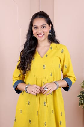 Bright Yellow Dobby South Cotton Women Long Kurta Long Sleeves WLKLS251C49-S