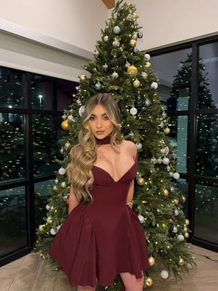 Off Shoulder Deep Neck Flare Short Dress With Scarf-Burgundy / S