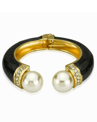 Vintage Black Enamel & Whole Pearl Torque Cuff-Black