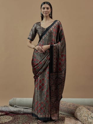 Black Ajrak Crepe Block Print Sarees