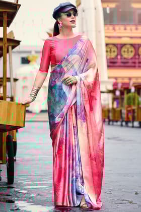 Pink and Sky Printed Satin Crepe Silk Saree
