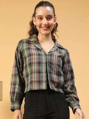 Multicolor Check Print Long Sleeve Open Collared Button Down Women Crop Shirt-S