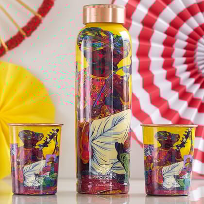 Indian Art Villa, Traditional Rajasthani Meena "Padharo Mhare Desh" Printed theme Pure Copper Bottle With 2 Glasses