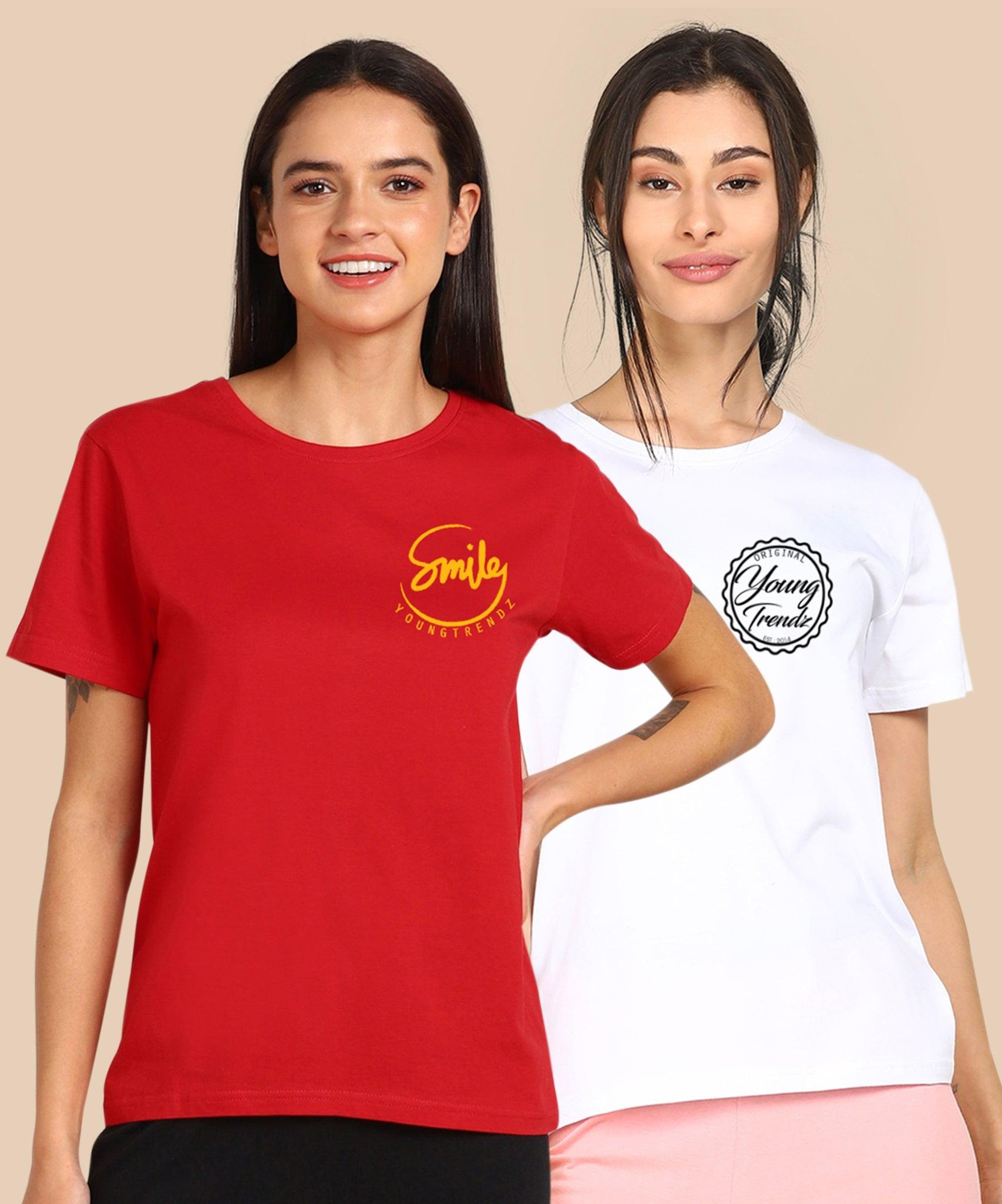 Womens Regular Fit  Combo Printed T Shirt-S / Red White