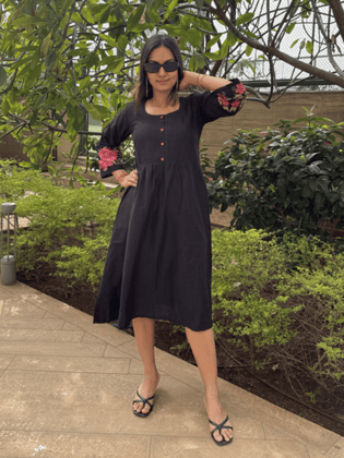 Graceful Black Cotton Embroidered Dress-S