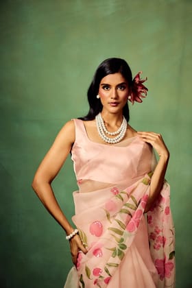 Blush Pink Pure Organza Saree with Hand-Painted White Floral Motifs and Sequin Detailing-Regular