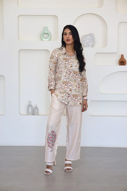 Cream Floral Printed Co Ord Set-XS