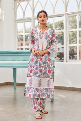 Butidar Hand Block Print Long Straight Kurta-XS / in