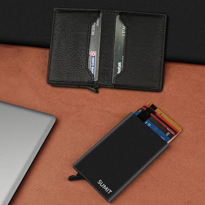 Personalized RFID Protected Metal Card Holder With Leather Cover-(Black)