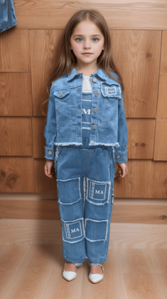 Girls Denim Co-Ord Set [GCS-5058] (1-12Years)-5-6Y (Size - 26) / Imported / Blue