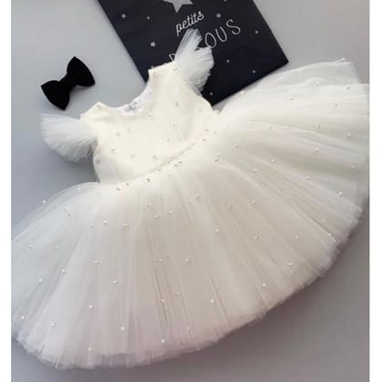 White Color Net Pearls Baby Kids Party Frock | VOOTBUY - 4 to 5 years