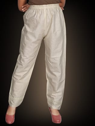 SENORITA high quality flex cotton offwhite pant with work border at bottom - offwhite/cream  - M