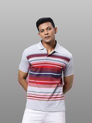 Mens Striped Grey Polo Collar Pure Cotton T-shirt-M
