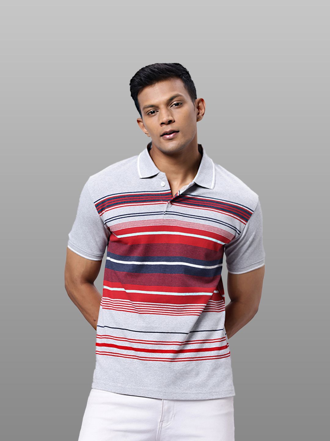 Mens Striped Grey Polo Collar Pure Cotton T-shirt-M