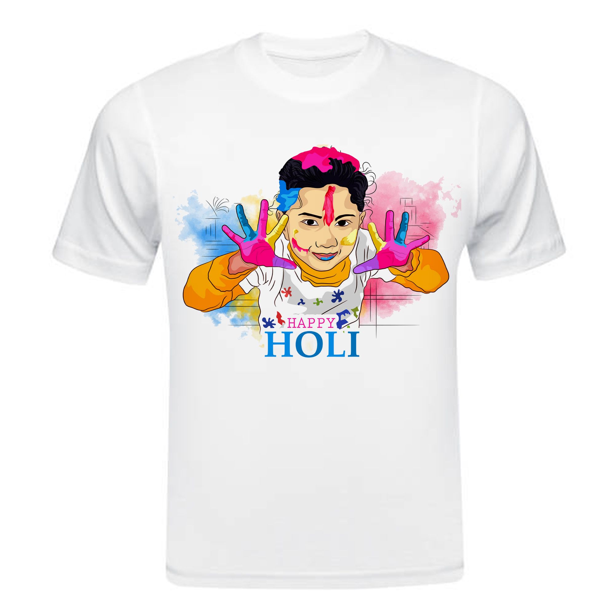 Holi Printed T-Shirt For Kids |Adults| Boys| Girls| Men| Women| Reguler fit| Round Neck| White polyester Unisex 71 to 80