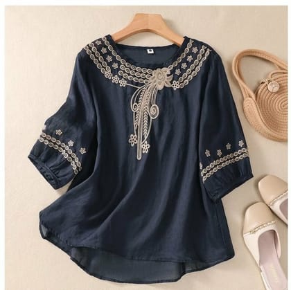 Pure Cotton Neck Embroidered Top-Black / S