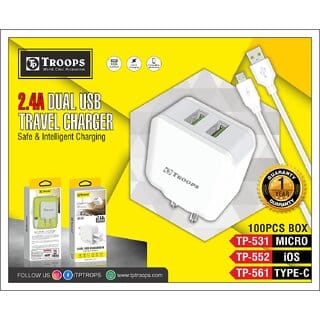 TP TROOPS 2 Ports USB Charger, 2.4A USB Wall Charger Phone Adapter Compatible for Pixel, Galaxy,  All Smartphone-(1 mtr